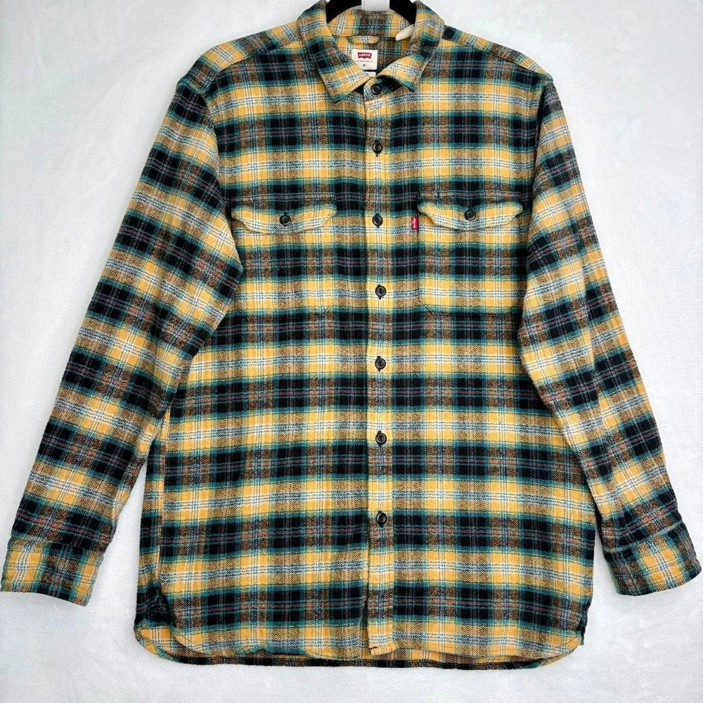 Levi's Relaxed‎ Fit Plaid Flannel Shirt Yellow Black Green Mens Medium Western